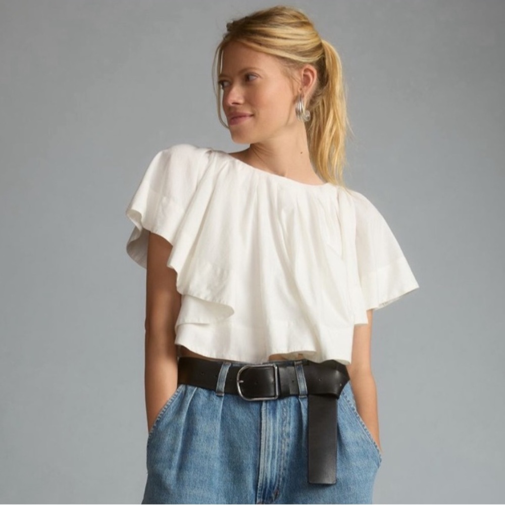 Maeve Anthropologie White Ruffled Swing Blouse Size XL